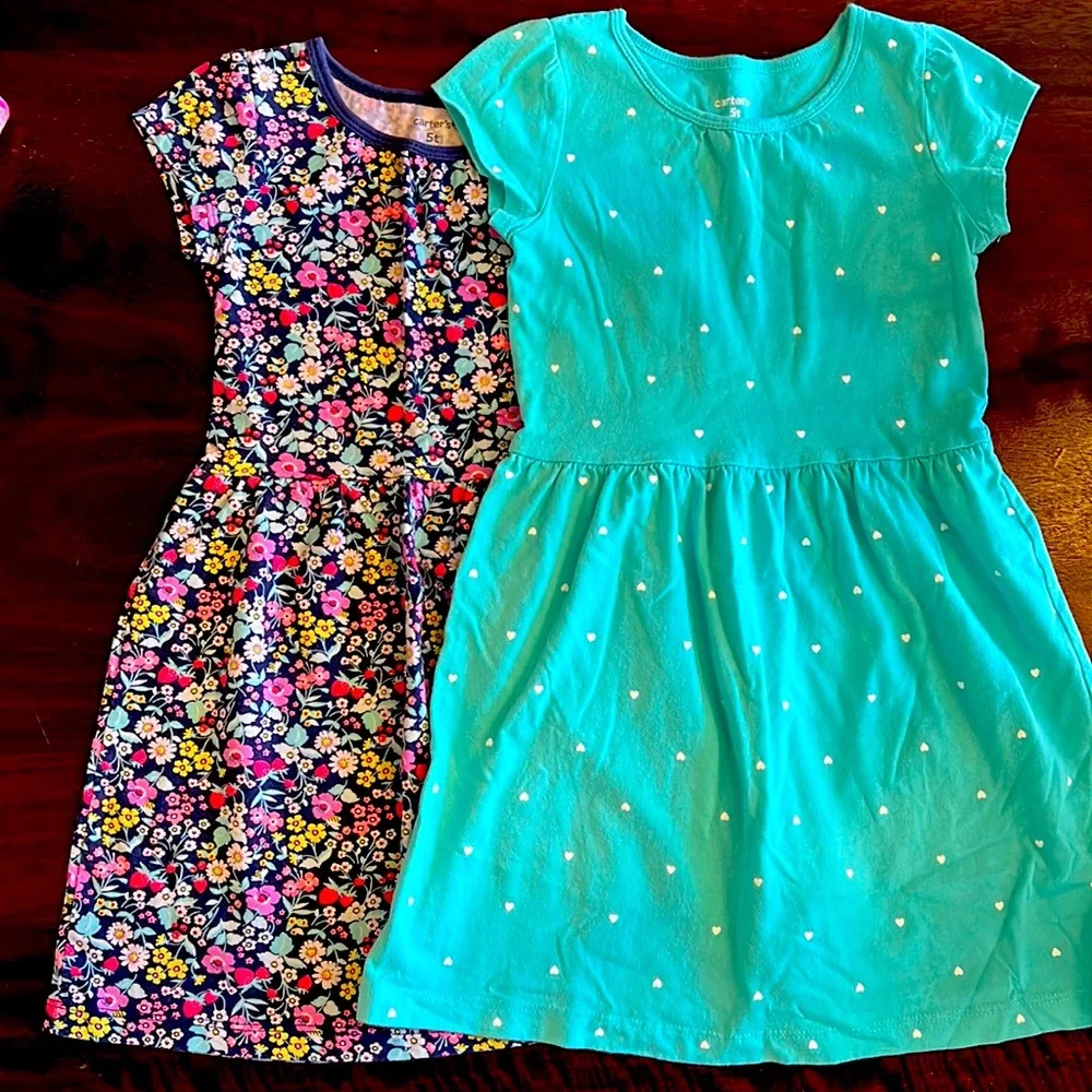 Girls set of 2 Carters turquoise heart print and navy floral dresses 5T